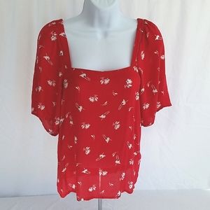 A New Day Women's Red & White Floral Print Short Sleeve Top Size XS